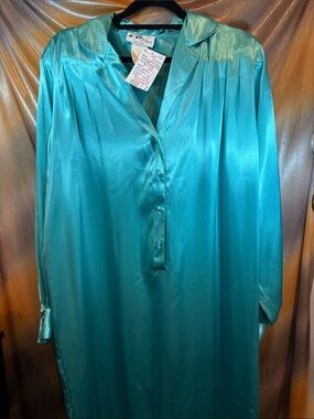 Vintage 80’s Willi of Ca size 16 Silky Teal Tunic Button-Front Dress 222